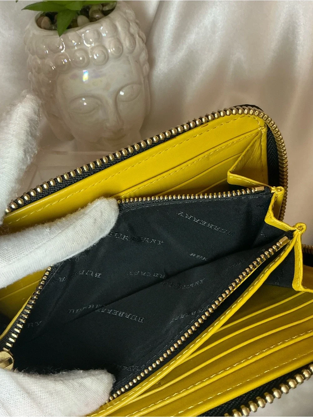 Preloved Burberry Yellow Pebble Leather Zip-Around Wallet Gold Hardware
